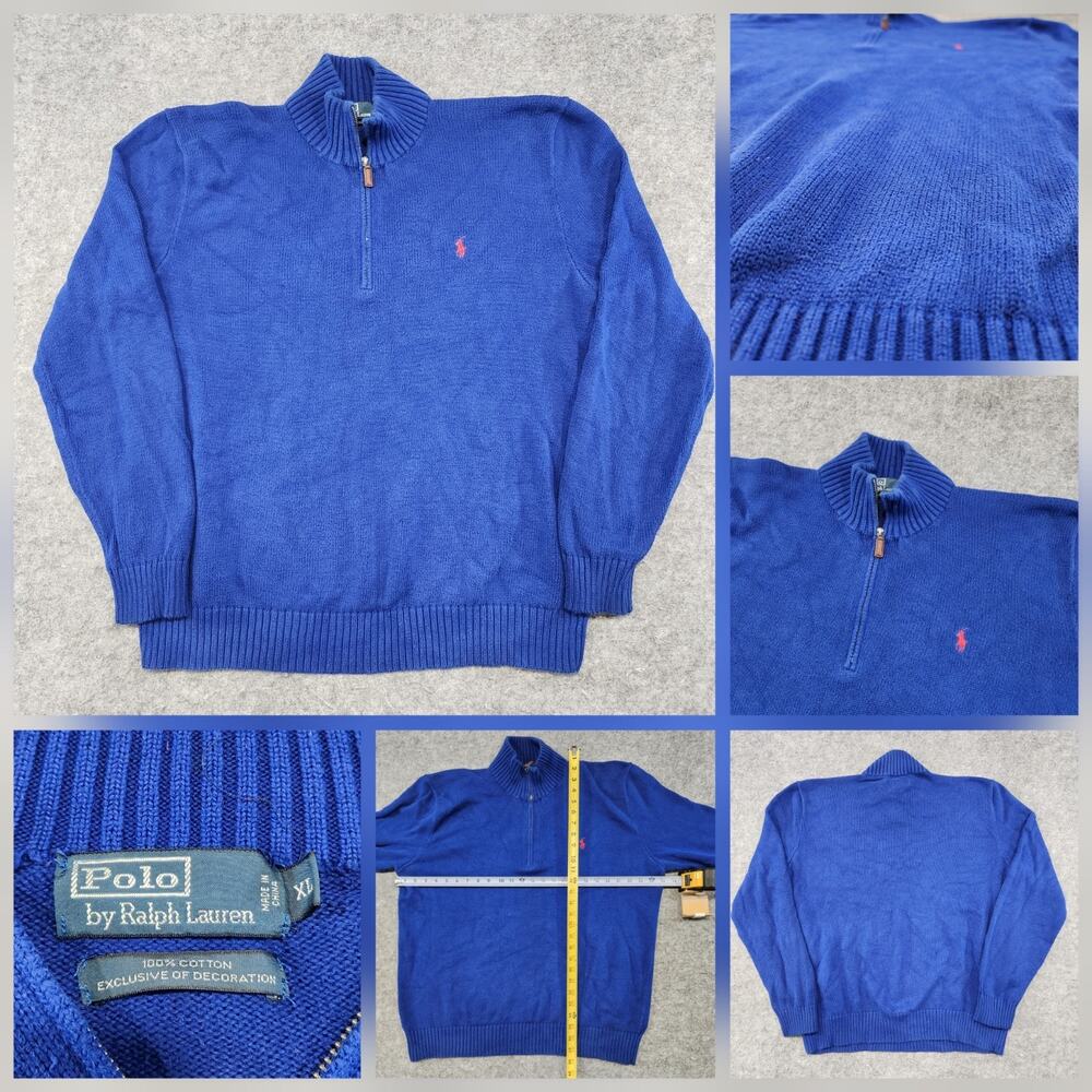 Polo Ralph Lauren PRL Mens XL 1/4 Zip 100% Cotton Knit Blue Pullover Sweater